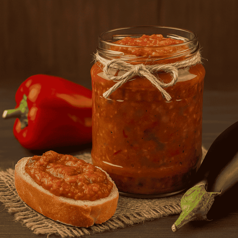 Zacuscă românească autentică, pregătită cu legume coapte și pasiune – vinete, ardei capia și ceapă – servită pe pâine proaspătă, gata să-ți aducă aminte de gustul copilăriei